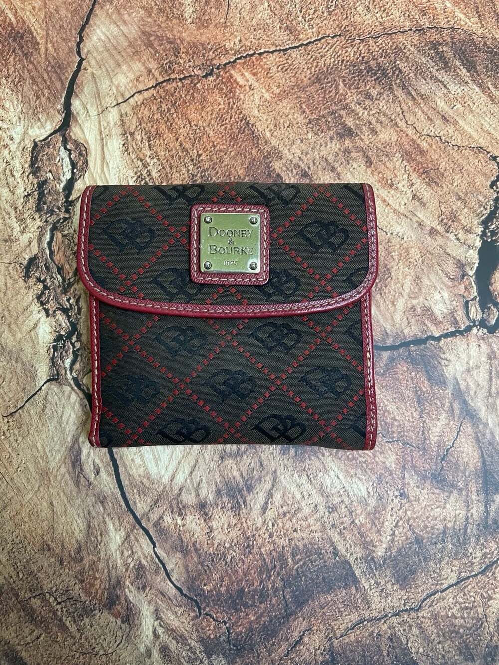 Dooney & Bourke Signature DB Monogram Red Leather Trimmed Flap Wallet